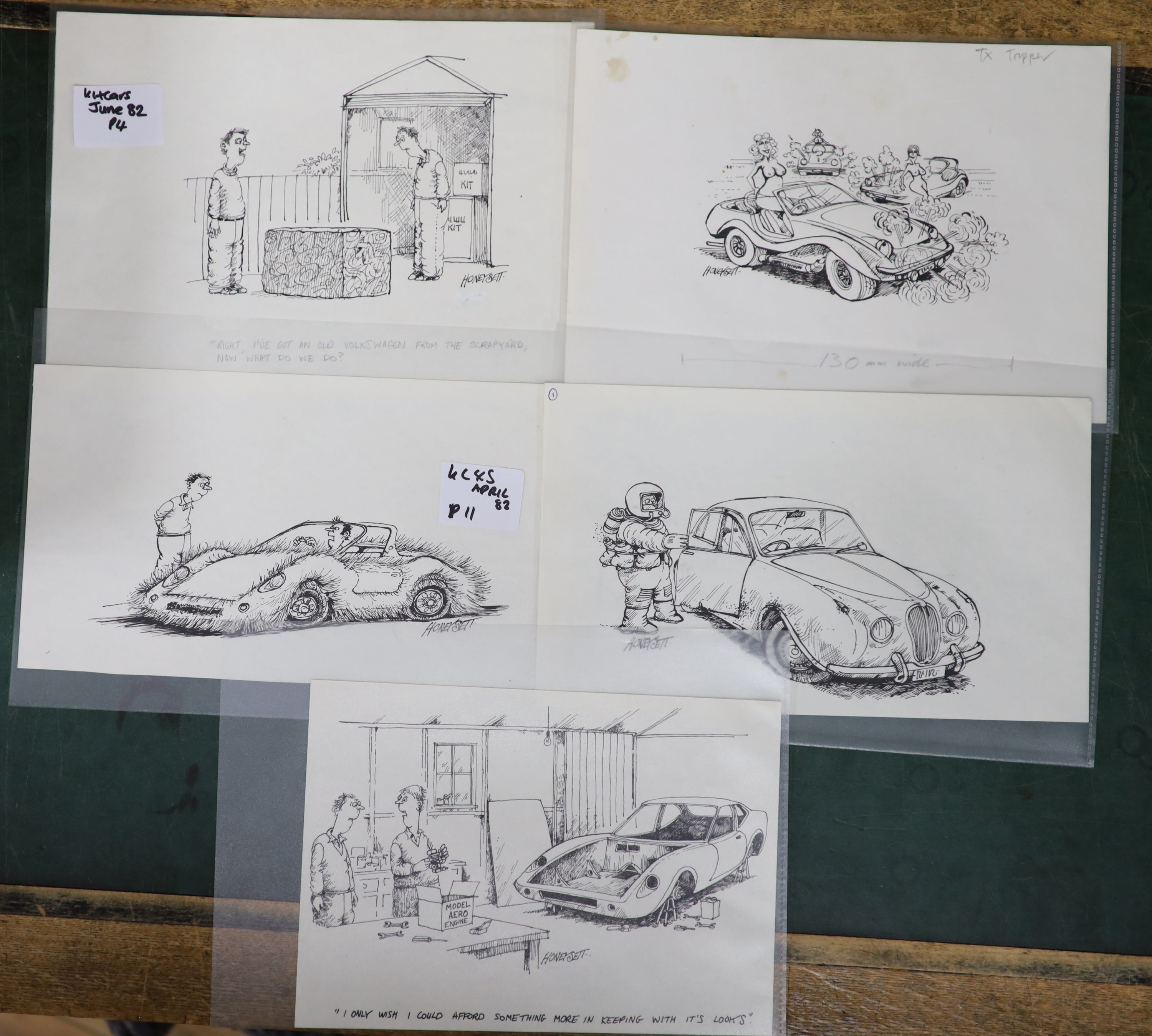 Martin Honeysett (b.1943-), five original cartoons, Tx Tripper, 'Old Volks..' (Kitcars June 82), Jaguar Mk2, fluffy car (Kitcars April 82) and small engine, signed, 20.5 x 30cm, unframed.